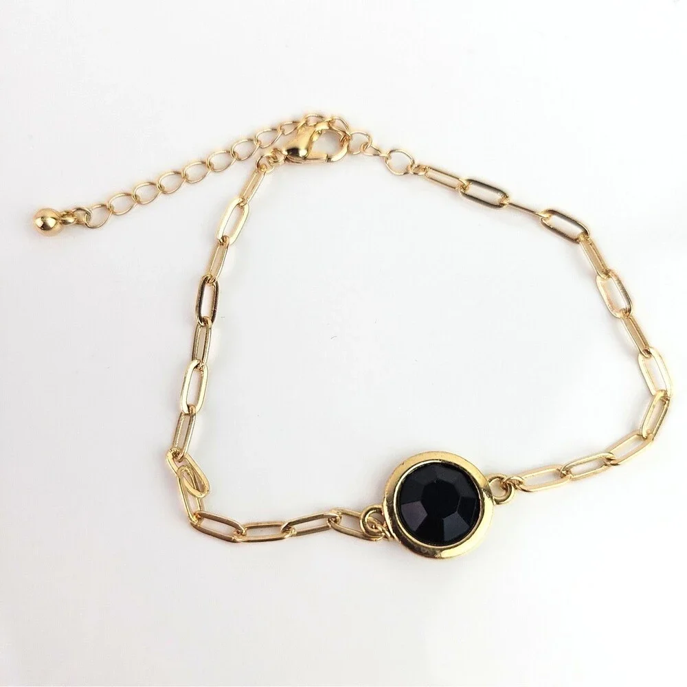 Vintage Long Gold Tone Necklace Black Faceted 52 inch and Bracelet Bezel Setting